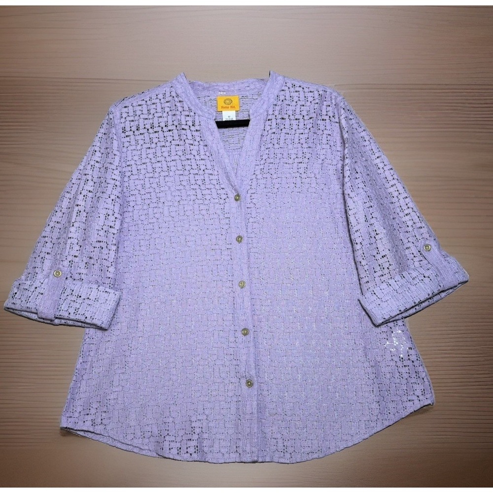 RUBY RD SCROLL LACY 3/4" ROLLED SLEEVES BUTTON DOWN BLOUSE Purple SIZE 12